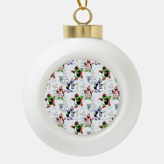 クリスマスペンギンアイススケートで滑る セラミックボールオーナメント (正面)
