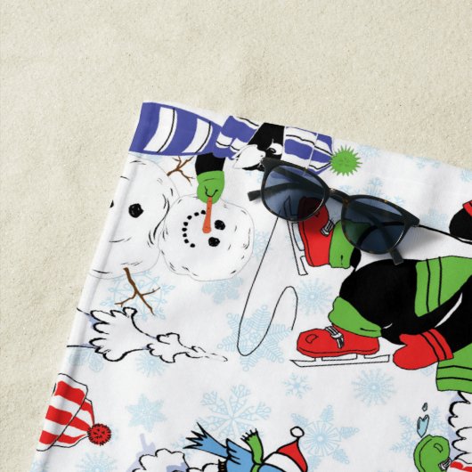 クリスマスペンギンアイススケートで滑る ビーチタオル (インサイチュ)