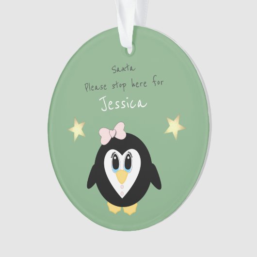 クリスマスペンギンサンストップタここ緑 オーナメント (正面)