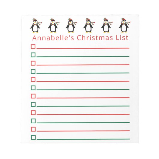 クリスマスペンギンショッピングリストのパーソナライズ ノートパッド (正面)