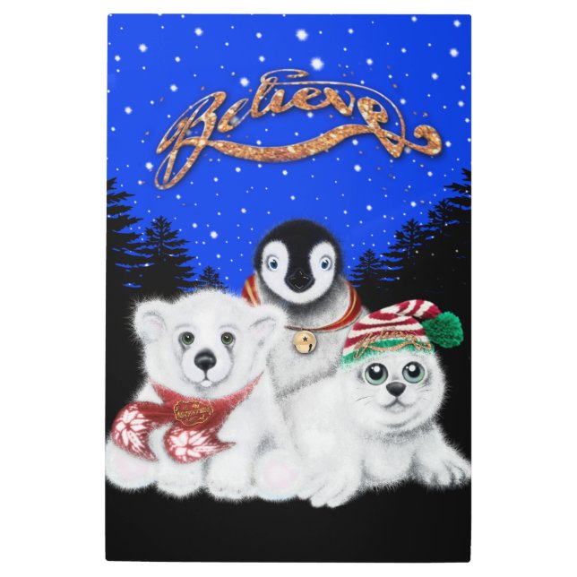 クリスマスペンギンベビーホッキョクグマのアザラシ メタルプリント (正面)