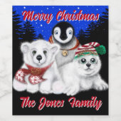 クリスマスペンギンベビーポーラークマのシールをパーソナライズ ワインラベル (シングルラベル)