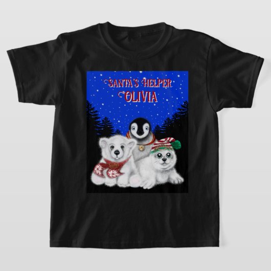 クリスマスペンギンベビーポーラークマのシールをパーソナライズ Tシャツ (レイダウン)