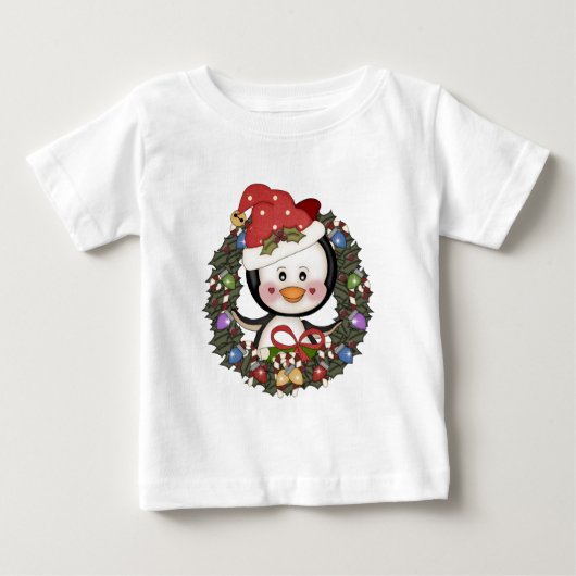 クリスマスペンギンホリデーリース ベビーTシャツ (正面)