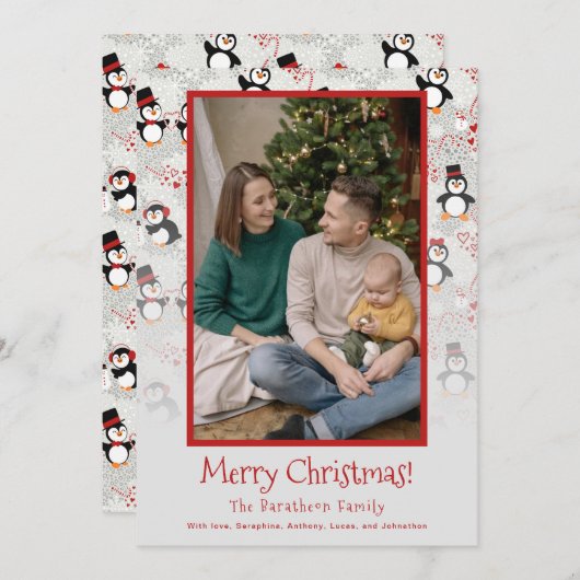 クリスマスペンギン写真パーソナライズされた家族 シーズンカード (正面/裏面)