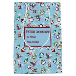 クリスマスペンギン冬のスポーツかわいいおもしろい ミディアムペーパーバッグ