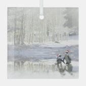 クリスマスペンギン凍っていズスケートで滑る池オーナメント ガラスオーナメント (正面)