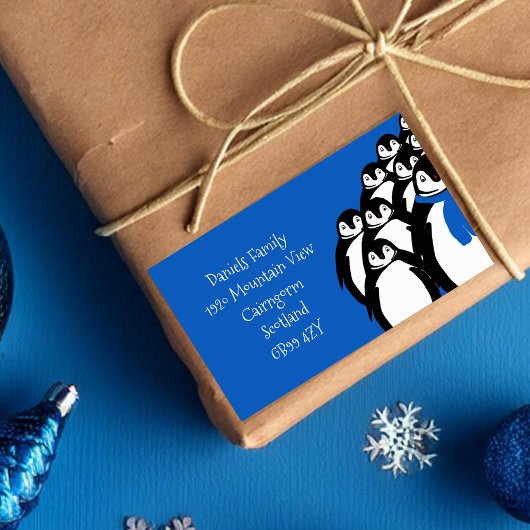 クリスマスペンギン差出人住所ブルー 長方形シール