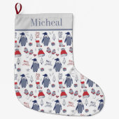 クリスマスペンギン帽子手袋パターン ラージクリスマスストッキング (正面)