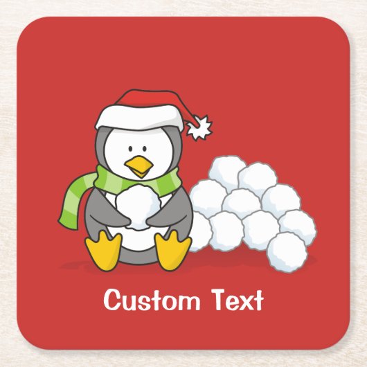 クリスマスペンギン座って雪玉 スクエアペーパーコースター (正面)