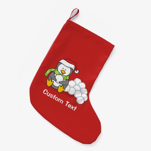 クリスマスペンギン座って雪玉 スモールクリスマスストッキング (正面 (吊り時))