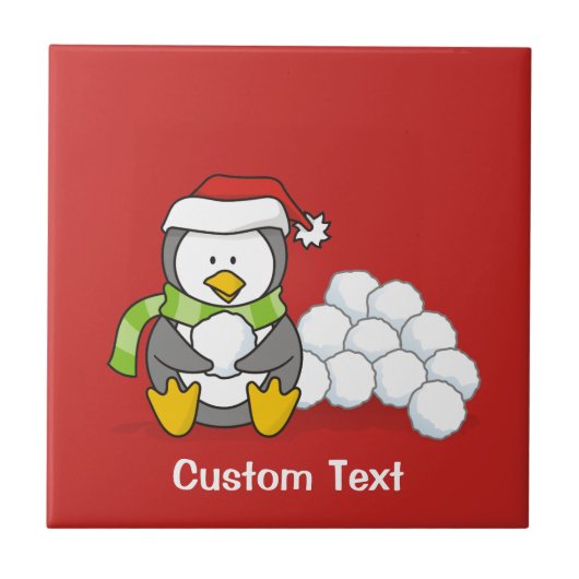 クリスマスペンギン座って雪玉 タイル (正面)