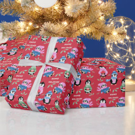 クリスマスペンギン柄レッドホリデーラッピングペーパー ラッピングペーパー