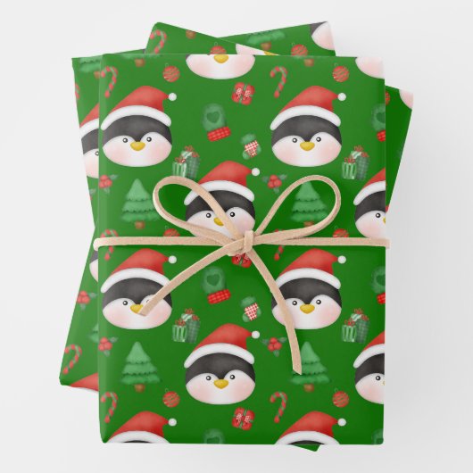 クリスマスペンギン、オーナメント、ギフトグリーン ラッピングペーパーシート (インサイチュ)