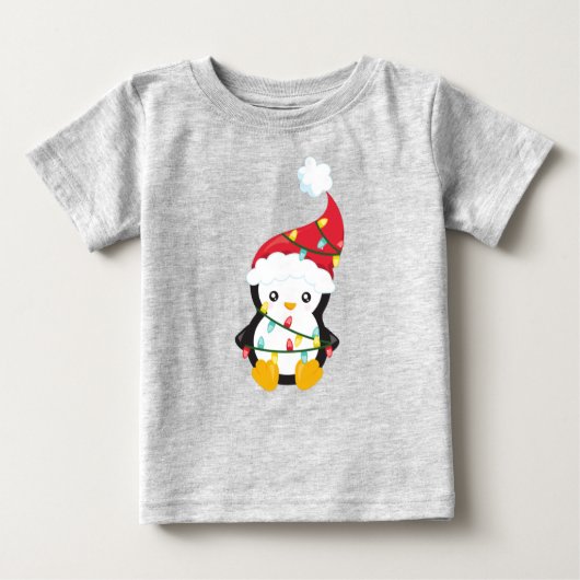 クリスマスペンギン、サンタハット、クリスマスライト ベビーTシャツ (正面)