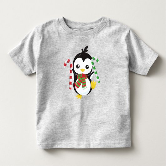 クリスマスペンギン、スカーフ付きペンギン、キャンディーケーン トドラーTシャツ (正面)