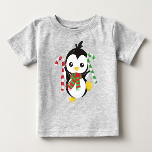 クリスマスペンギン、スカーフ付きペンギン、キャンディーケーン ベビーTシャツ (正面)
