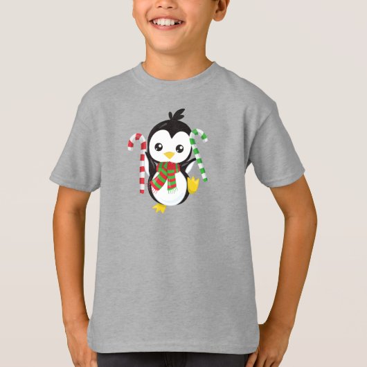 クリスマスペンギン、スカーフ付きペンギン、キャンディーケーン Tシャツ (正面)