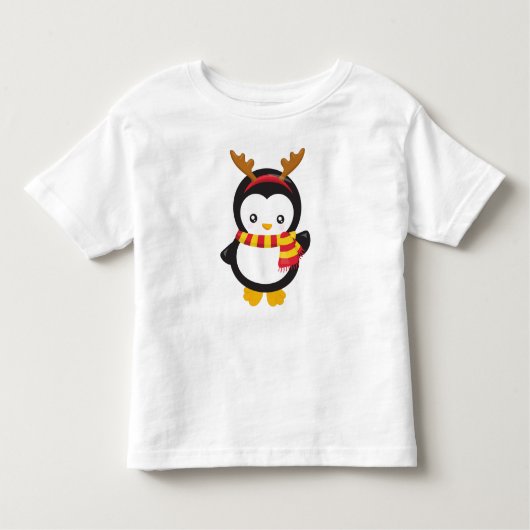 クリスマスペンギン、スカーフ付きペンギン、〔雄ジカの〕枝角 トドラーTシャツ (正面)