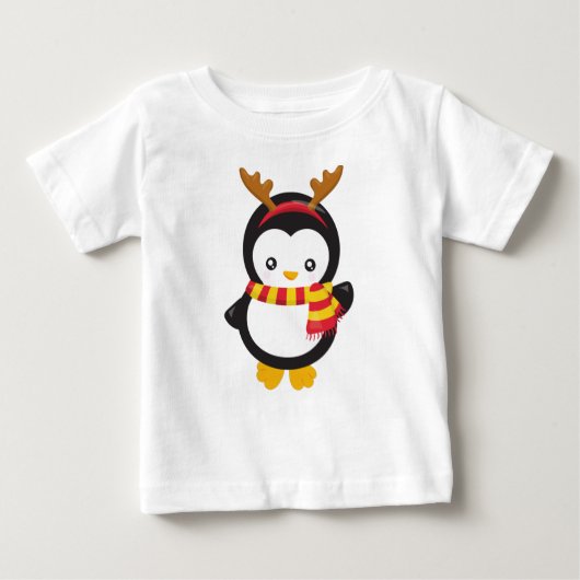 クリスマスペンギン、スカーフ付きペンギン、〔雄ジカの〕枝角 ベビーTシャツ (正面)