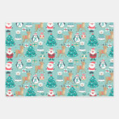 クリスマスペンギン、雪だるま、サンタオングリーン ラッピングペーパーシート (正面2)
