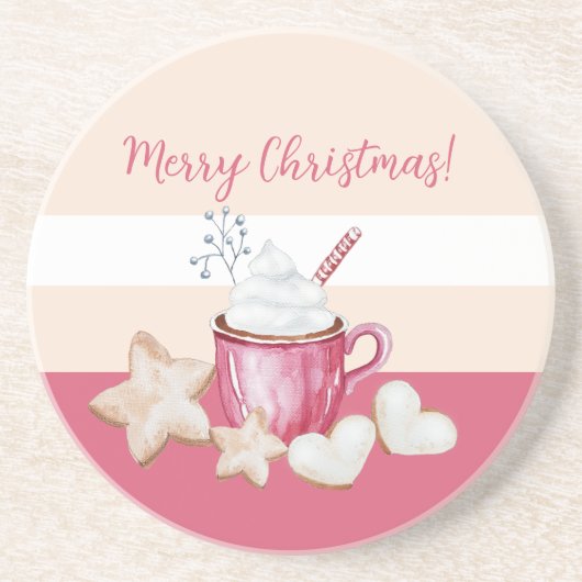 クリスマスホットココアとクッキーの水色 コースター (正面)