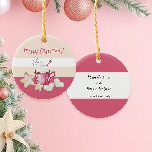 クリスマスホットココアとクッキーの水色 セラミックオーナメント