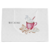 クリスマスホットココアとクッキーの水色 ラージペーパーバッグ (正面)