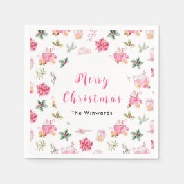 クリスマスホットココアとピンクポインセティアス スタンダードカクテルナプキン
