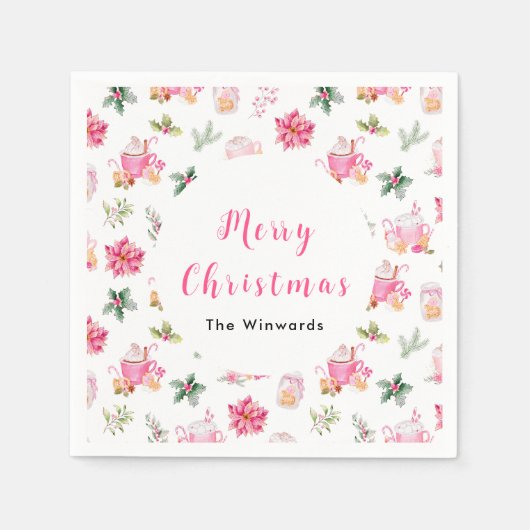 クリスマスホットココアとピンクポインセティアス スタンダードカクテルナプキン (正面)
