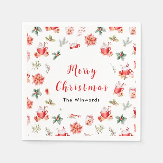 クリスマスホットココアとレッドポインセティアス スタンダードカクテルナプキン (正面)