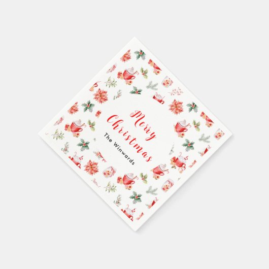 クリスマスホットココアとレッドポインセティアス スタンダードカクテルナプキン (角)
