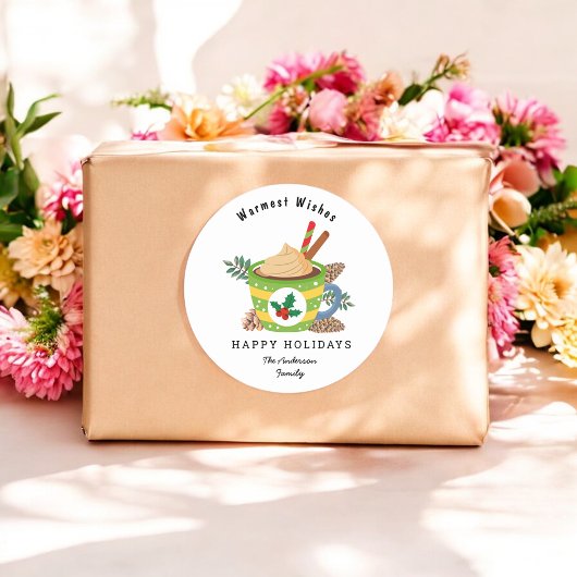 クリスマスホットチョコレートグリーンホワイトホリデー ラウンドシール