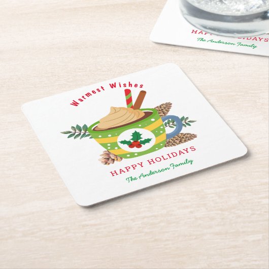 クリスマスホットチョコレートココアカップグリーンクリスマス スクエアペーパーコースター (アングル)