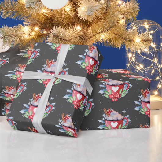 クリスマスホットチョコレートonグレー ラッピングペーパー (クリスマス)