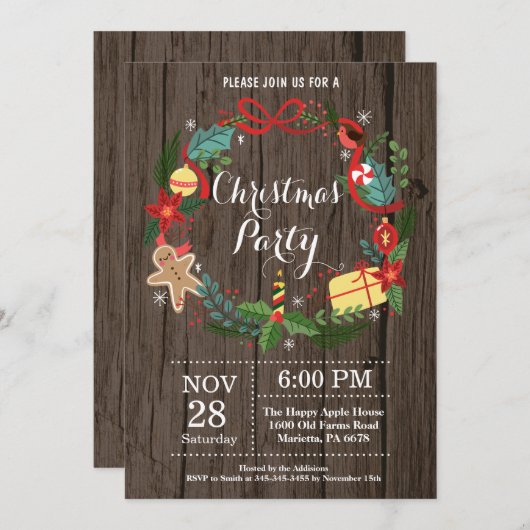 クリスマスホリアディパーティの招待状フローラリース 招待状 (正面/裏面)