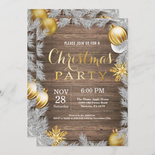 クリスマスホリアディ素朴パーティの招待状&金ゴールド 招待状 (正面/裏面)