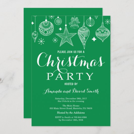 クリスマスホリディパーティの招待状グリーンオーナメント 招待状 (正面/裏面)