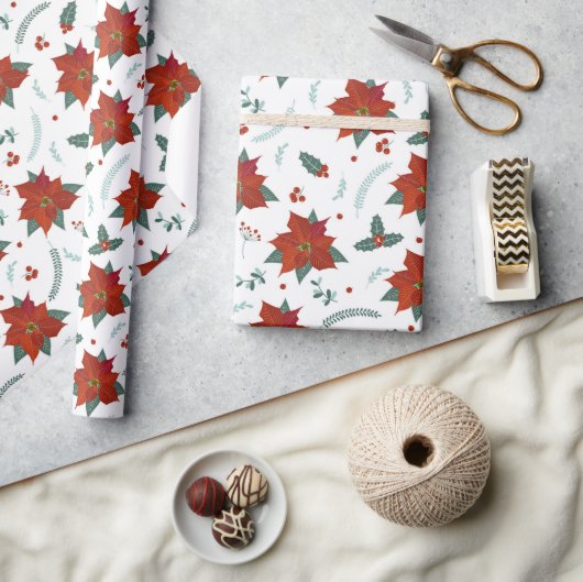 クリスマスホリデイズレッドポインセチア花の模様 ラッピングペーパー (クラフト)