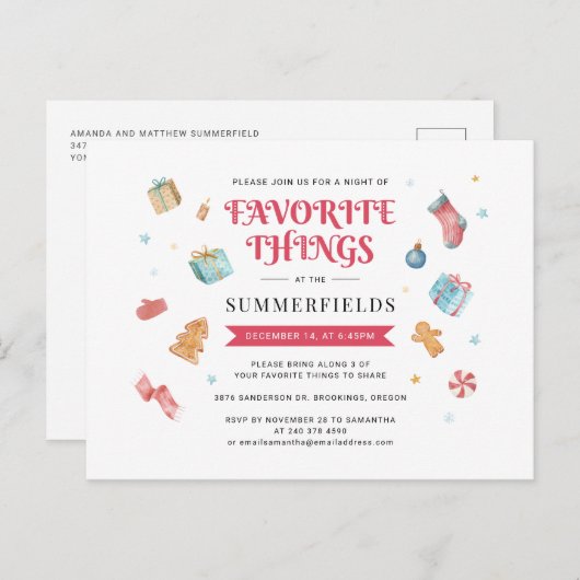 クリスマスホリデーお気に入りのツギフトスワップパーティー インビテーションポストカード (正面/裏面)
