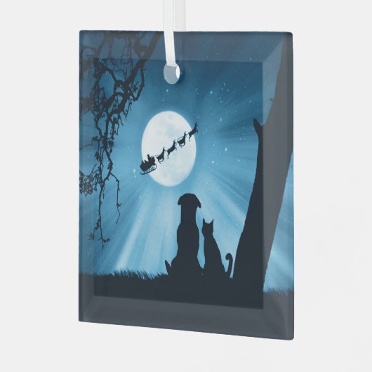 クリスマスホリデーかわいい犬と猫サンタ ガラスオーナメント (正面左)