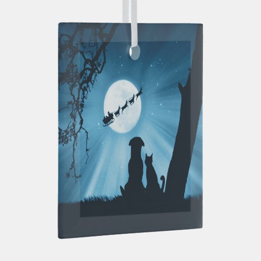 クリスマスホリデーかわいい犬と猫サンタ ガラスオーナメント (正面右)