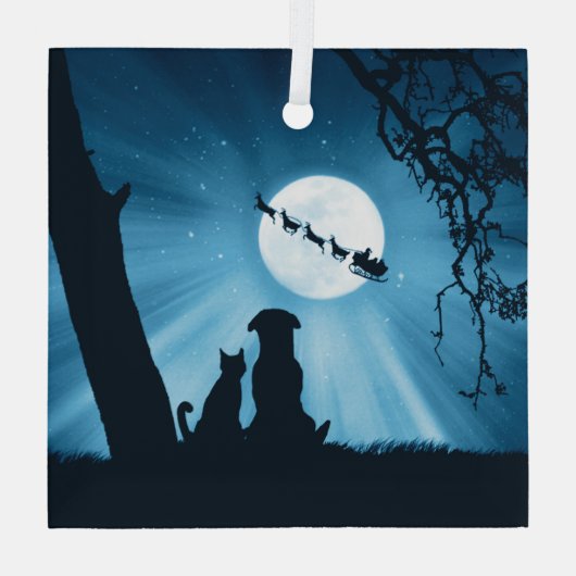 クリスマスホリデーかわいい犬と猫サンタ ガラスオーナメント (裏面)