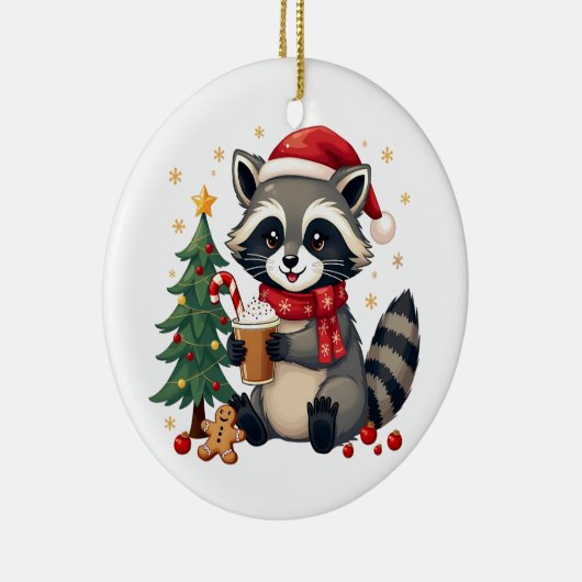 クリスマスホリデーにサンタハットを着たアライグマ セラミックオーナメント (右)