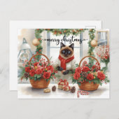 クリスマスホリデーに冬の花を飾る猫 シーズンポストカード (正面/裏面)