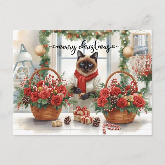 クリスマスホリデーに冬の花を飾る猫 シーズンポストカード (正面)