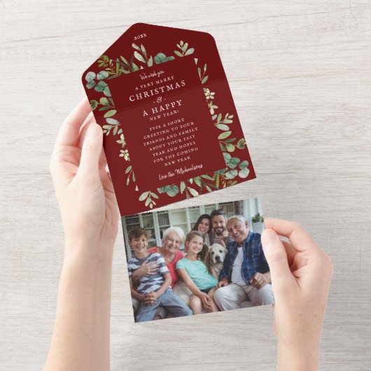 クリスマスホリデーのグリーティング涙の遠くに写真 オールインワン招待状 (貼ってはがせる)