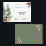 クリスマスホリデーウィンターウェディングRSVPメニューの選択 名刺<br><div class="desc">今シーズンだ結婚した!水かわいらし色の雪はクリスマスの木を光白熱［赤熱］光を放つ、オーナメント、緑の葉で覆った。素朴で素晴らしまだ休日かクリスマスのウッドランドの結婚式のRSVPとMenu Choiceカードのために。色フェイク金ゴールド、緑、および白の配色。さらに変更するには、[このテンプレートをカスタマイズ]に移動する。下部には「このデザインを更にカスタマイズしたい」と表示される。[クリック編集] [デザイン]ツールそこからフォントや色の一部を変更したり、物を移動したりのまわりに、必要なものを削除することができる。</div>