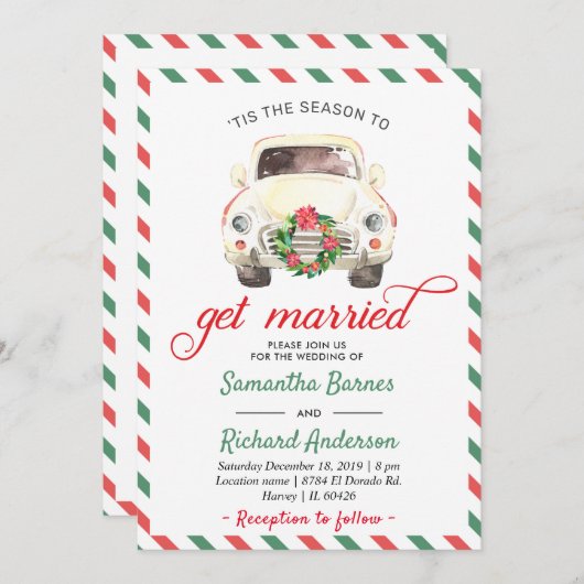 クリスマスホリデーウィンターレッドグリーントラベル結婚ズ 招待状 (正面/裏面)