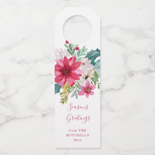 クリスマスホリデーウォーターカラーの花 ボトルネックタグ (正面)